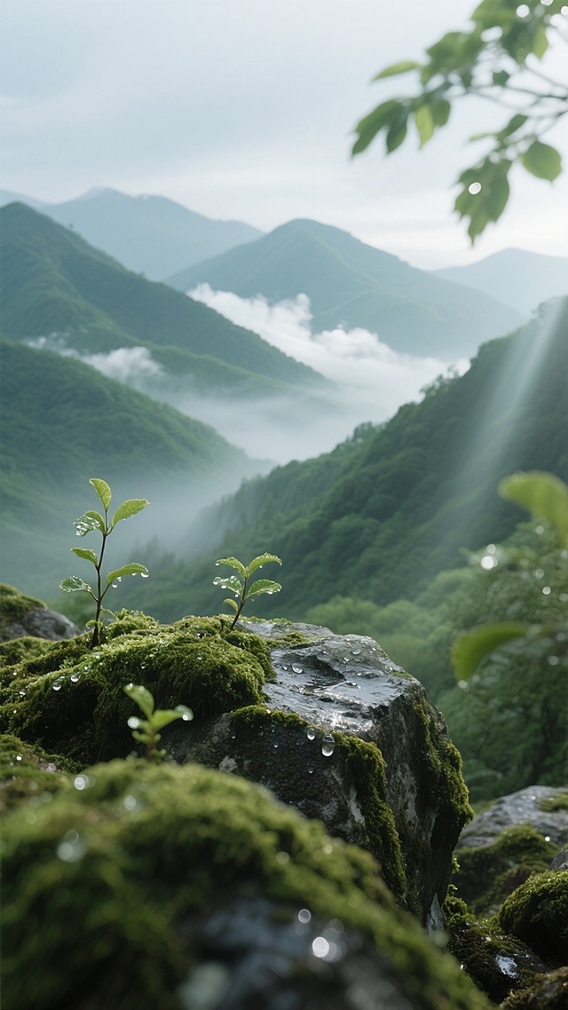 超写实摄影，山间晨雾弥漫，清新深绿主调，宁静生机氛围。前景厚苔藓岩石为焦，湿润软质，嫩新芽挂露珠。中景青山叠嶂，植被绿渐变。远景山峦雾中隐，白云飘，侧逆光透雾现丁达尔，岩石糙与苔藓细对比，湿面反光，近叶虚化成框，三分构图，景深延至远山，自然干净背景素材。
