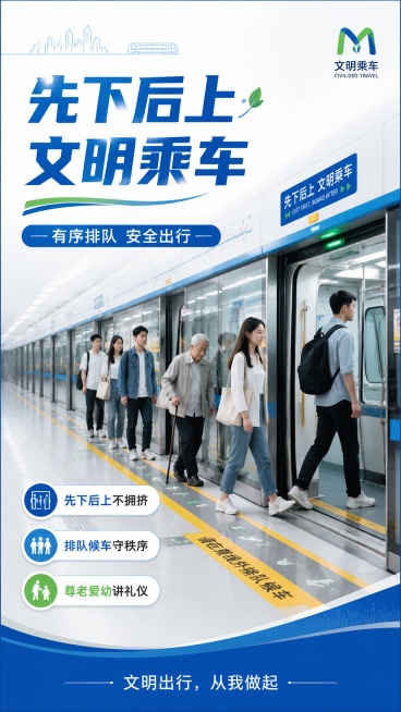 写实商业风格公益宣传海报，主题为“先下后上・文明乘车”。画面采用干净简洁的地铁站台场景，背景为现代化地铁站屏蔽门和清晰的安全黄线。主标题是“先下后上 文明乘车”，副标题是“有序排队 安全出行”，左下角预览效果