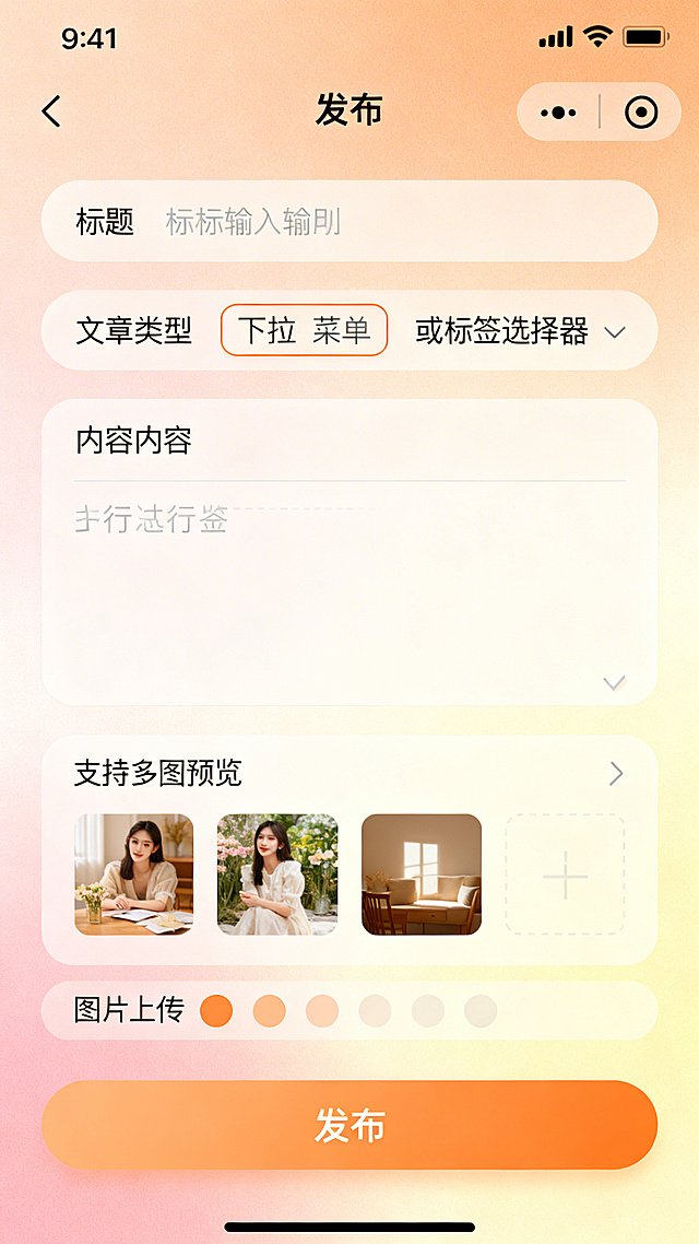 移动端抑郁症测试小程序文章发布页UI设计，整体风格温馨治愈，暖色调，主色调为淡橙色、柔粉色和米黄色，细腻渐变和轻柔阴影，大圆角设计，圆润图标线条。简洁的表单页面，包含标题输入框、文章类型下拉菜单或标签选择器、多行内容输入框，以及图片上传区域支持多图预览，底部有发布按钮，页面留白舒适，整体风格干净温暖。