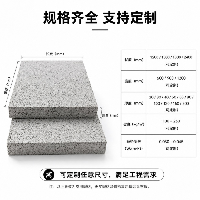 [主图-5] 热固复合聚苯板规格参数展示。
[氛围风格] 清晰规范，专业透明，方便选型。
[画质] 商业摄影质感、光线柔和通透、产品清晰真实、画面干净高级。
[元素] 主体产品居中展示，使用尺寸线标注预览效果