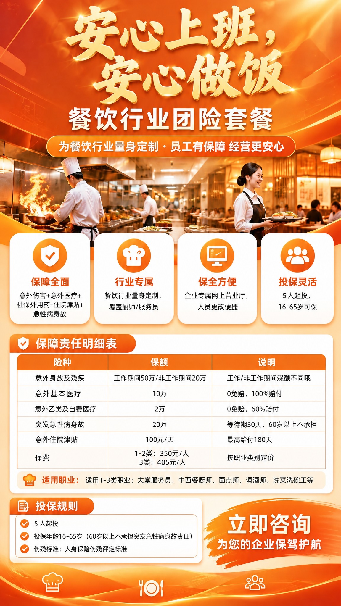 基于这张橙色餐饮团险海报，做两处小修改： 1. 去掉右下角的二… - 图片创意预览