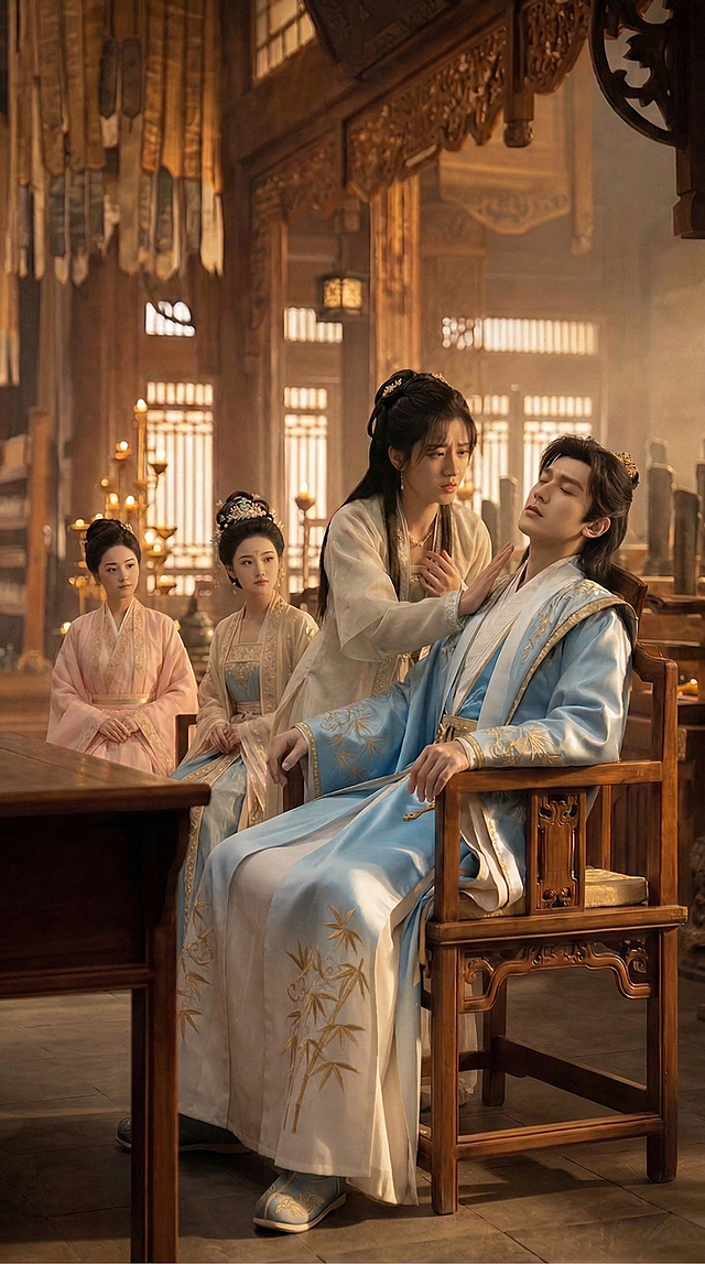 将图中坐着的男子替换为参考图中的林尘，保留林尘的发型、脸部样貌、身着的蓝白渐变带有金色竹叶刺绣的古装服饰，保持图一原本的场景、其他人物、光影风格和男子的坐姿、闭眼状态不变，男子手中不需要拿折扇，整体画面和谐自然。