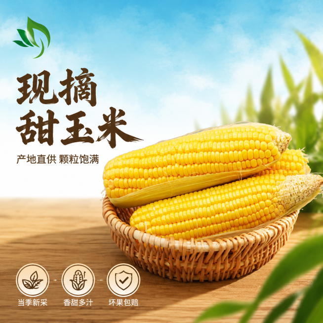 [单张主图] 新鲜黄玉米电商主图，高级氛围感，突出新鲜食欲感与产地直采卖点。
[画面主体] 将输入图1的新鲜黄玉米保持在藤编篮中，整体放置在输入图4提供的原木纹理台面上；玉米颗粒饱满金黄，保留藤编篮的预览效果