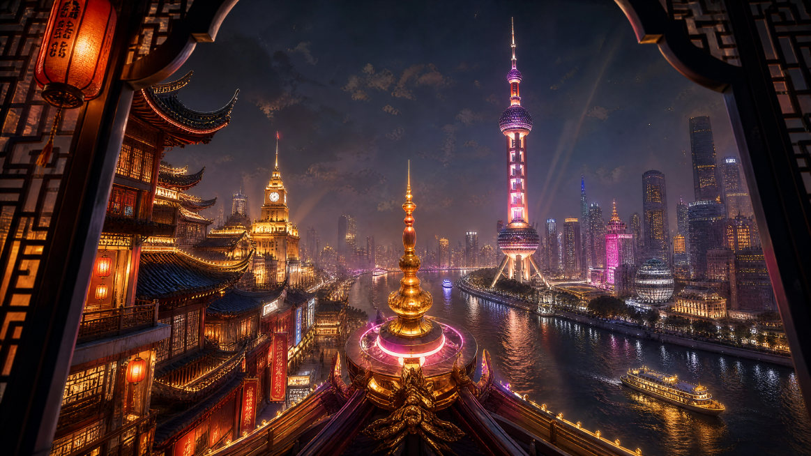 聚焦魔幻都市繁华夜景，遵循中式园林‘框景’与‘借景’构图：左侧为飞檐翘角古建筑群毗邻外滩建筑，黄浦江居中贯穿；色彩融合靛蓝、朱红、鎏金，点缀霓虹紫与暖橙；光源含暖灯笼光、江面粼粼波光及楼宇散落霓虹；采预览效果
