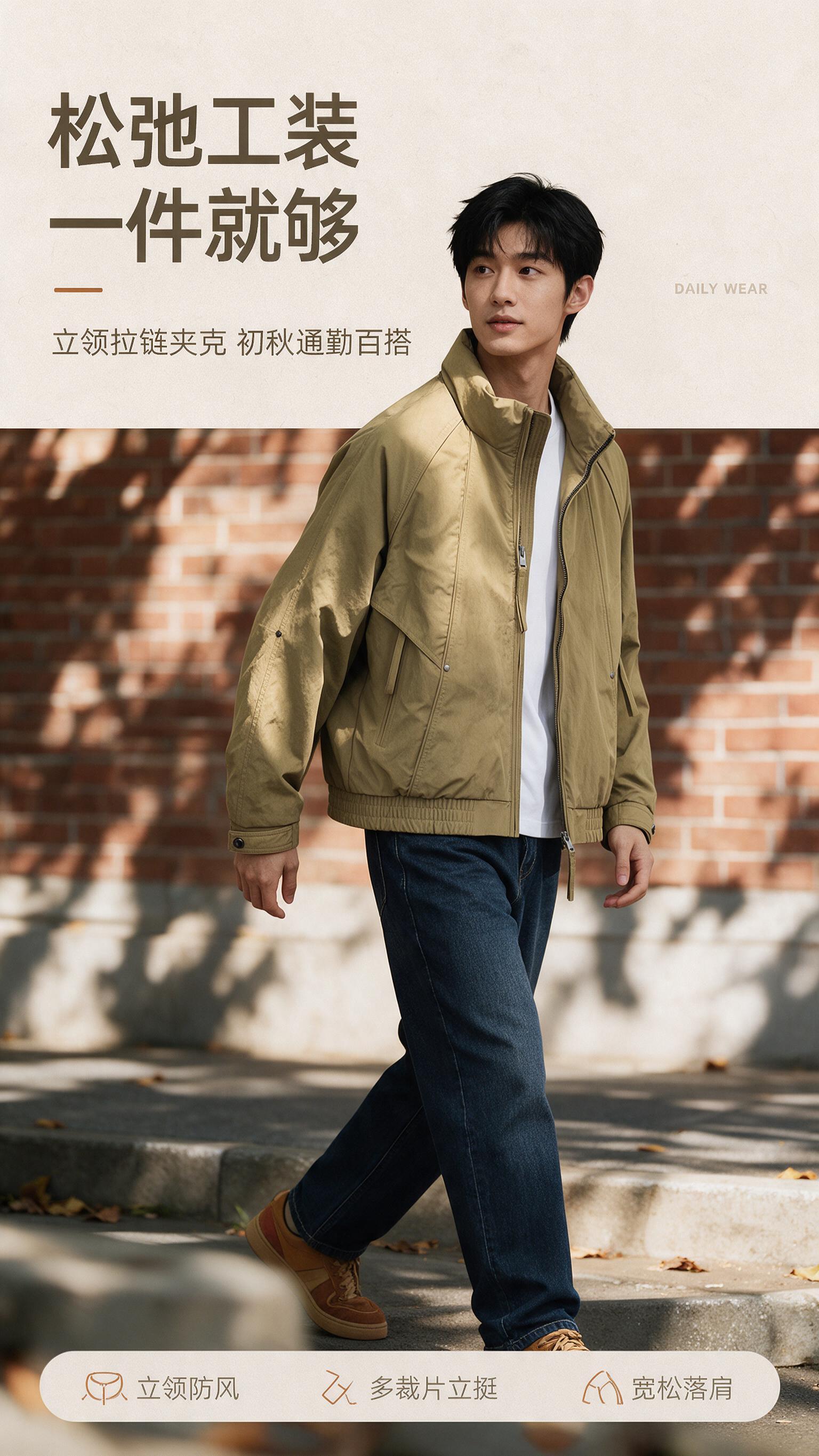[商品] 使用【图1】卡其色立领多裁片休闲夹克外套；保留立领结… - 图片创意预览