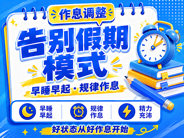 3D卡通风格开学季推广海报，蓝黄配色，参考示例图风格。画面主体是白色线圈笔记本背景，带网格纹理。顶部黄色圆角对话框标签写着"作息调整"。中央超大号蓝色立体字主标题"告别假期模式"，带白色描边，视觉冲击力强。副标题"早睡早起·规律作息"，蓝色字体配黄色笔刷底纹。底部三个圆形图标卖点区：第一个月亮星星图标配文字"早睡早起"，第二个闹钟图标配文字"规律作息"，第三个闪电图标配文字"精力充沛"。最底部黄色箭头装饰配文字"好状态从好作息开始"。右侧装饰元素：闹钟、堆叠的书本、蓝色铅笔。整体蓝色渐变背景带白色波点装饰，活泼明亮，文案醒目突出，适合手机端阅读。画面中所有信息区域必须填充完整合理的内容，不得出现空白框。