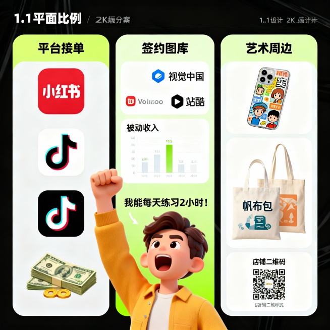 1. 平台接单：小红书/抖音logo+钞票图标
2. 签约图库：视觉中国/站酷logo+被动收入图表
3. 艺术周边：手机壳/帆布包实物图+店铺二维码样式
中央人物举手喊：“我能每天练习2小时！”预览效果