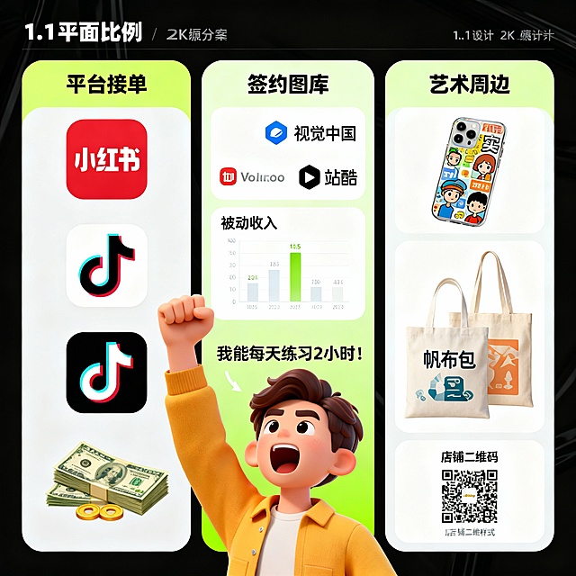 1. 平台接单：小红书/抖音logo+钞票图标
2. 签约图库：视觉中国/站酷logo+被动收入图表
3. 艺术周边：手机壳/帆布包实物图+店铺二维码样式
中央人物举手喊：“我能每天练习2小时！”