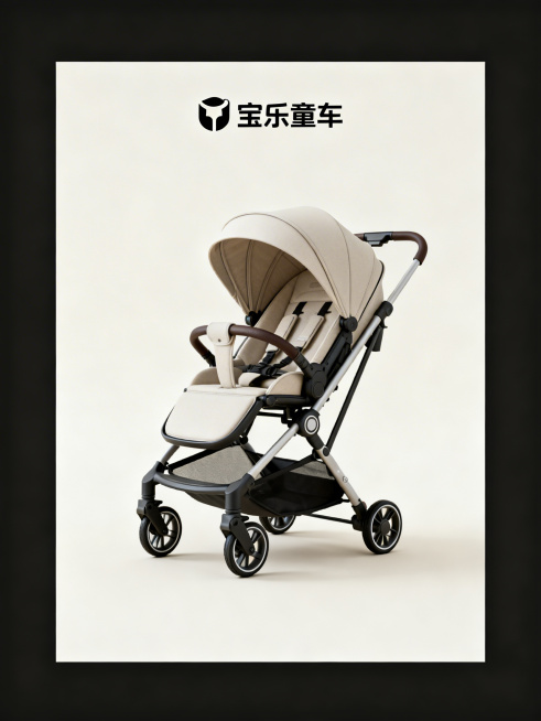 婴儿车电商海报，风格高级简约，品牌名为宝乐童车，整体采用柔和低饱和的莫兰迪配色，背景为纯净米白色。顶部放置品牌logo，中部是设计简洁大气的高品质婴儿车作为画面主体，占据画面60%以上空间，产品完整清预览效果