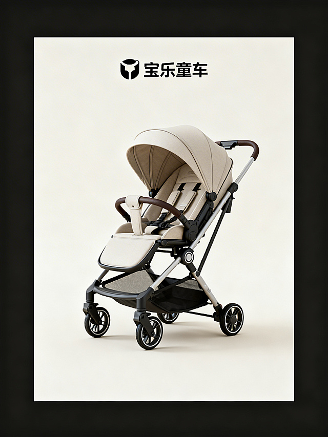 婴儿车电商海报，风格高级简约，品牌名为宝乐童车，整体采用柔和低饱和的莫兰迪配色，背景为纯净米白色。顶部放置品牌logo，中部是设计简洁大气的高品质婴儿车作为画面主体，占据画面60%以上空间，产品完整清晰。底部无促销信息，整体排版干净有序，留白充足，质感细腻高级，符合电商海报规范，文字不遮挡产品主体。