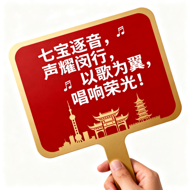 设计歌唱比赛手举手持牌，国风简约风格，主体文字"七宝逐音，声耀闵行，以歌为翼，唱响荣光！"，搭配简约歌唱音符上海七宝古镇元素，色彩大气庄重醒目，适合手持拍照预览效果