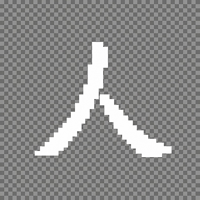 16-bit pixel art style, standard Chinese character "人" (ren) in pixel font, following standard Chinese calligraphy rules: the left-falling stroke (pie/丿) starts at the top vertex, and the right-falling stroke (na/捺) starts lower down, connecting to the pie stroke from below at approximately 1/3 height from the top, NOT at the very top vertex. Standard 人 character stroke structure: pie is higher, na joins pie from the right side lower down. Pure white pixelated character on completely transparent background, 16-bit retro game pixel font style, sharp square pixels, no anti-aliasing, character centered in frame, standard regular script structure