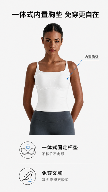 [第4屏] 结构设计解析，展示一体式内置胸垫设计优势。本屏使用产品图作为参考，保持产品原有颜色和结构不变。
[氛围/风格] 清晰结构展示风，简洁专业，剖视展示结构，让用户直观了解设计优势。
[元素布局预览效果