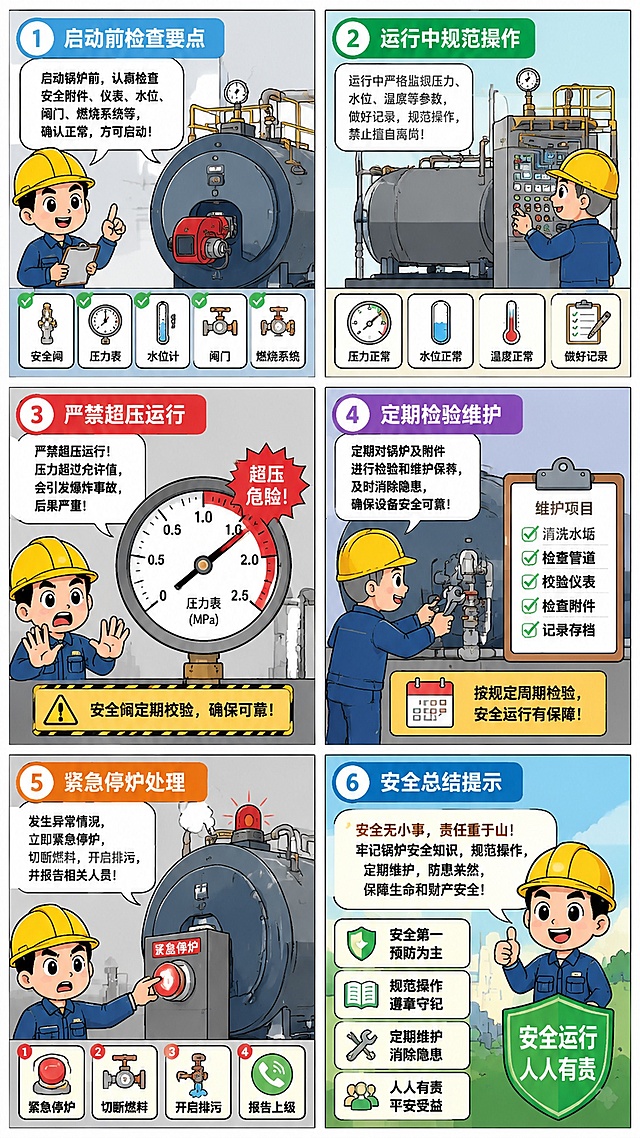 六格漫画，主题为锅炉安全知识，第一格展示锅炉启动前检查要点，第二格展示运行中规范操作，第三格展示严禁超压运行，第四格展示定期检验维护，第五格展示紧急停炉处理，第六格展示安全总结提示，科普风格，清晰易懂，卡通漫画风格
