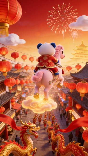 5张连贯分镜图，适配15秒马年新年短片，皮克斯风3D动画整体为喜庆红金，暖色调，画面清晰明亮:第一张是穿着红色汉服和裤子的蓝白熊猫如图上的熊猫抱着粉色萌马，背景有祥云和古建筑轮廓；
第二张是蓝白熊猫骑预览效果