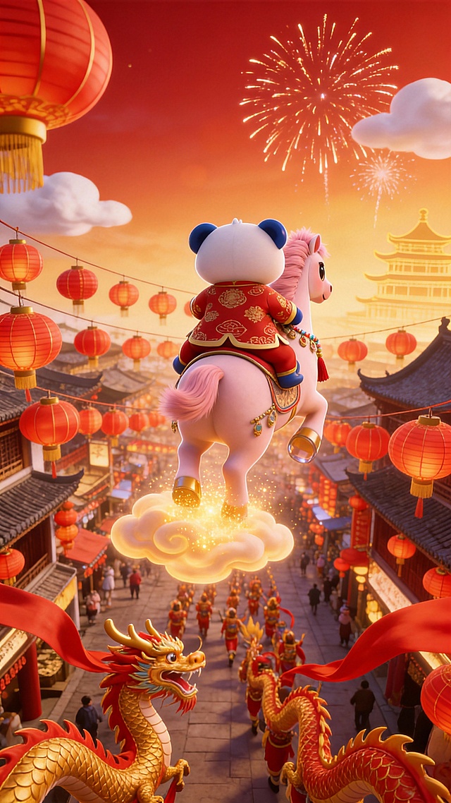 5张连贯分镜图，适配15秒马年新年短片，皮克斯风3D动画整体为喜庆红金，暖色调，画面清晰明亮:第一张是穿着红色汉服和裤子的蓝白熊猫如图上的熊猫抱着粉色萌马，背景有祥云和古建筑轮廓；
第二张是蓝白熊猫骑上马，马蹄大透视特写，准备飞翔的动势，踩着祥云腾空起飞，身后鎏金烟花炸开；
第三张是俯视镜头，蓝白熊猫与萌马低空飞过挂满红灯笼的古街市的背影，萌马踩着金色发光的祥云，下方是金红龙身、红绸翻飞的热闹舞龙队伍，人情欢腾充满烟火气；
第四张是大透视特写马屁股伸出后踢和背上的蓝白熊猫的后视的镜头，熊猫与萌马飞在古运河上空，石拱桥横跨水面，河上漂浮暖黄祈福河灯，水波荡漾古意盎然，前方远处有烟花，马蹄下面有鎏金金色光线线条；
第五张是将小马和蓝白熊猫踩着马卡龙色五彩发光祥云放置在画面中央，采用俯视鱼眼镜头和强烈的仰视透视感，广角拍摄。小马和熊猫可爱萌趣，头很大，背景是微缩广州的景观模型地标景点，包括广州塔，五羊建筑，融创过山车、珠江夜景、古街市以及现代城市风貌，夜晚，漫天的烟花和祥云和灯笼，动态模糊的红色纸张装饰。