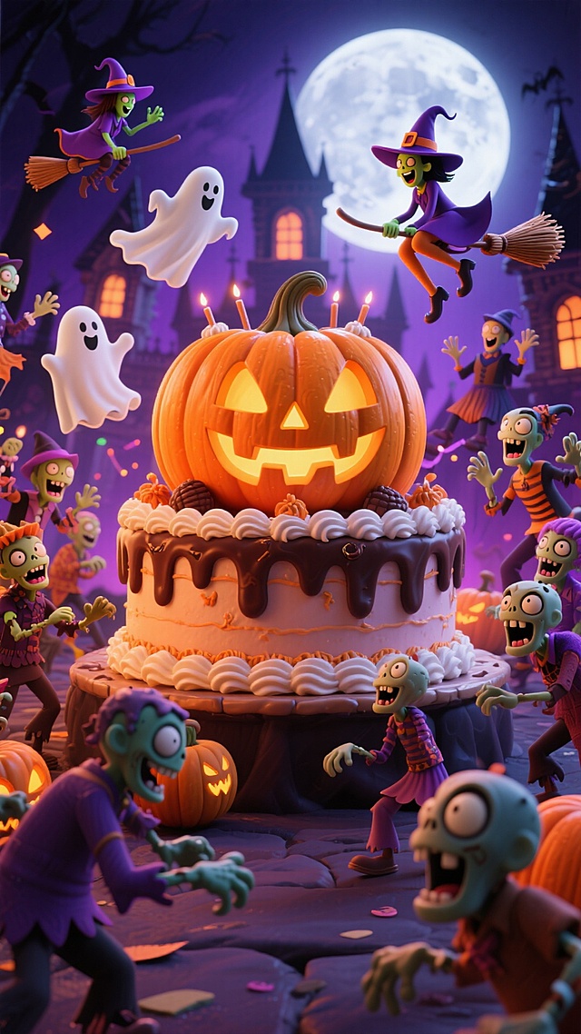画面中有南瓜造型的巨大蛋糕，周围环绕大量僵尸、女巫、幽灵等鬼怪一起开派对，背景是充满神秘氛围的月夜古堡，色彩以紫、橙为主