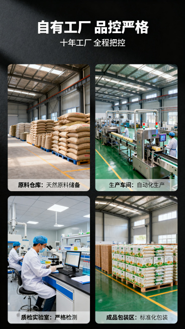 主文案居中放大，字体为思源黑体粗黑，文字内容"自有工厂 品控严格"，副文案在主文案下方，字体为思源黑体纤细，文字内容"十年工厂 全程把控"，副文案颜色比主文案浅一度，整体文案位于画面顶部。采用四宫格布预览效果