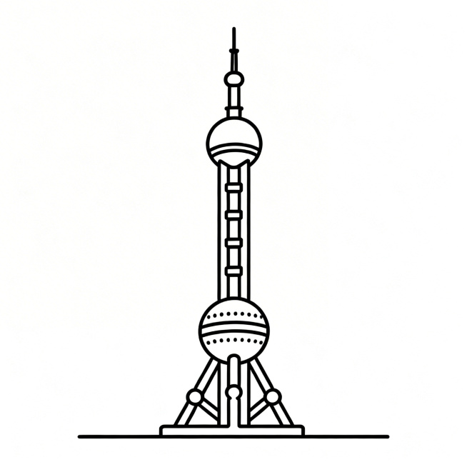 简约黑色单线勾勒的上海东方明珠建筑轮廓线，仅保留清晰流畅的建筑外轮廓，无多余装饰和背景，线条干净利落，准确还原东方明珠的球体和塔身结构特征预览效果