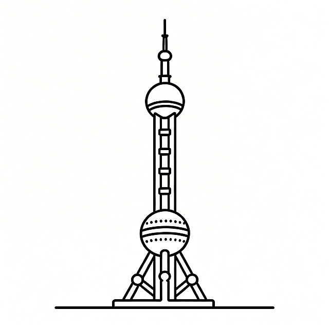简约黑色单线勾勒的上海东方明珠建筑轮廓线，仅保留清晰流畅的建筑外轮廓，无多余装饰和背景，线条干净利落，准确还原东方明珠的球体和塔身结构特征