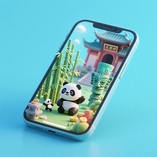 一个手机创意微缩场景，手机平放，侧面对着观众，手机俯视角度，立体的成都景观从屏幕内出来，有熊猫，三星堆，武侯祠，整体色调立体魔幻。青色背景。具有梦幻感,打光营造出柔和氛围强调梦幻和未来感的美学。