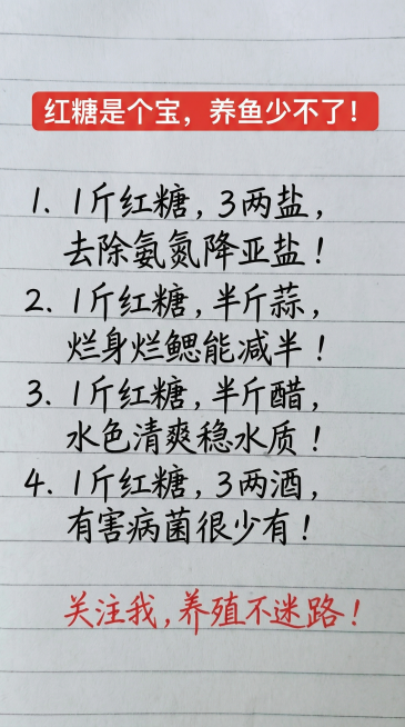 保持横条纹笔记本纸张背景，参照原图片字体和颜色排版布局，将文字内容一字不差全部替换为：红色顶部红框白色字体写着“红糖是个宝，养鱼少不了！”，下方黑色手写字体：1、1 斤红糖，3 两盐，去除氨氮降亚盐！预览效果