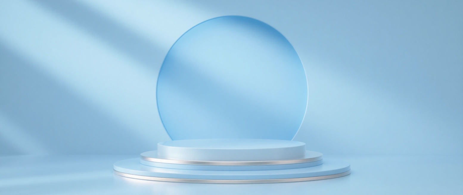 电商商品展台模型底图，几何肌理，浅蓝色系，主体为圆形展台，简洁的几何结构，画面构图和谐，高反光材质，极简风格，留白充足，光线柔和预览效果
