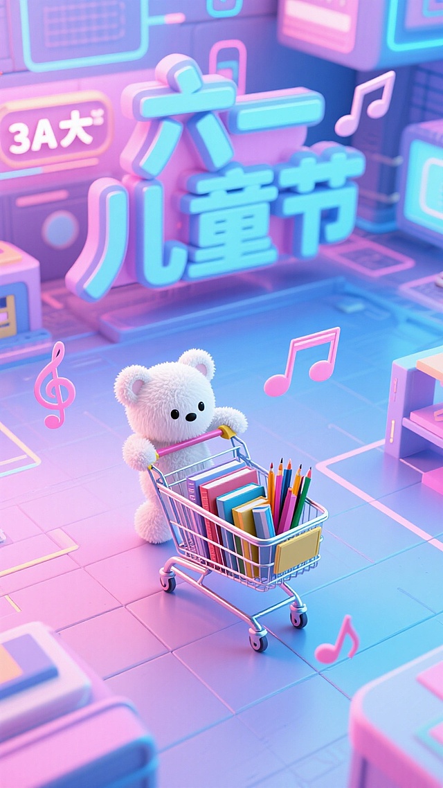 画面主标题为“六一儿童节“的立体字，3D风格，电商海报，一个赛博校园里，一个白色毛绒玩具，推着购物车，购物车里有书本文具，周围飘着音符，蓝粉调，背景是氛围感光晕