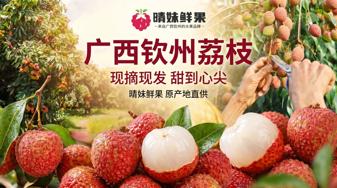 广西钦州晴妹鲜果荔枝宣传海报，宽度1920px，整体充满新鲜荔枝元素，突出荔枝卖点：产地直采、果肉饱满透亮、汁多味甜、新鲜现摘。画面顶部居中放置品牌logo"晴妹鲜果 -来自广西钦州的水果品牌-",预览效果