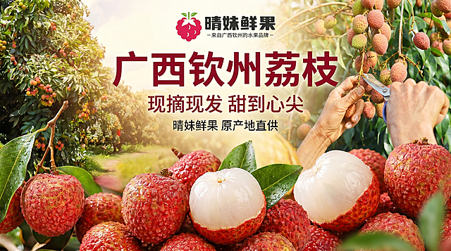 广西钦州晴妹鲜果荔枝宣传海报，宽度1920px，整体充满新鲜荔枝元素，突出荔枝卖点：产地直采、果肉饱满透亮、汁多味甜、新鲜现摘。画面顶部居中放置品牌logo"晴妹鲜果 -来自广西钦州的水果品牌-", 主视觉区域大片展示新鲜荔枝：带红色果壳完整荔枝、剥开后晶莹剔透的果肉，背景融入荔枝果园实景，茂密荔枝树挂满果实，果农现摘新鲜场景，整体画面层次丰富，充满食欲感，能够瞬间吸引顾客眼球，让人产生购买欲望。商业摄影质感，自然暖阳逆光，光线通透柔和，色彩鲜艳饱和，荔枝纹理细节清晰，果肉水润透亮，保留荔枝外观颜色质感和输入参考图一致，杜绝变形色差。主标题文案大字居中：{广西钦州荔枝} 现摘现发 甜到心尖，副标题小字标注：晴妹鲜果 原产地直供，文案排版层级分明，深红字与背景对比强烈清晰不遮挡主体。比例16:9，宽度1920px，2K分辨率，超高清画质。负向提示词：变形，水印，文字错乱，背景杂乱，文字遮挡主体，构图拥挤，配色刺眼。