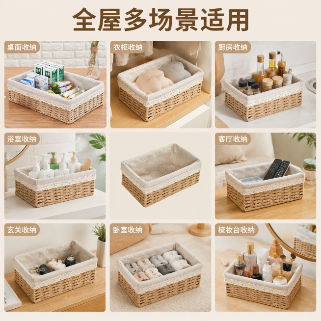 [主图-4] 日式纸绳收纳筐多场景适用九宫格展示
[氛围风格] 全屋多用整洁展示
[画质] 商业摄影质感、光线柔和通透、产品清晰真实、画面干净高级
[元素] 九宫格布局，每格展示收纳筐在不同空间使用场预览效果