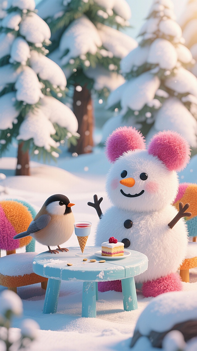一个温和的雪人，带着微笑和笑眯眯的眼睛，与一只圆滚滚的山雀分享一张小冰凌桌子。桌上：一杯顶针大小的浆果茶和一点种子蛋糕碎屑。场景安处于宁静的、积雪累累的松林边缘。，仿佛老鼠视角的低角度，暖心。