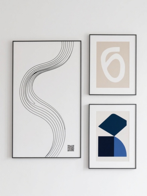极简风格装饰画组合，三幅挂画以白色背景为衬托，左侧为大幅黑色细线条构成的流畅曲线图案，右侧上下分别为米色底白色抽象符号和深蓝色几何色块拼接图案，均搭配简约细边框，整体呈现干净利落的现代设计感，符合现实家居装饰逻辑，无任何文字、二维码及多余元素。预览效果