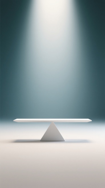 极简主义3D渲染风格，画面以大面积留白为主要构图特征，中央放置一个抽象几何形态的白色天平，天平底座为三角形结构，横梁呈水平直线，整体线条简洁流畅，具有现代设计感。背景采用单一的渐变色彩（可尝试深蓝、墨绿、浅灰、米白等不同色调），色彩过渡柔和均匀，光源从上方偏前位置照射，在天平底部形成淡淡的投影，增强立体感与空间层次。画面整体氛围宁静、平衡、专业，视觉焦点清晰，信息传达高效，符合现代简约设计美学。预览效果