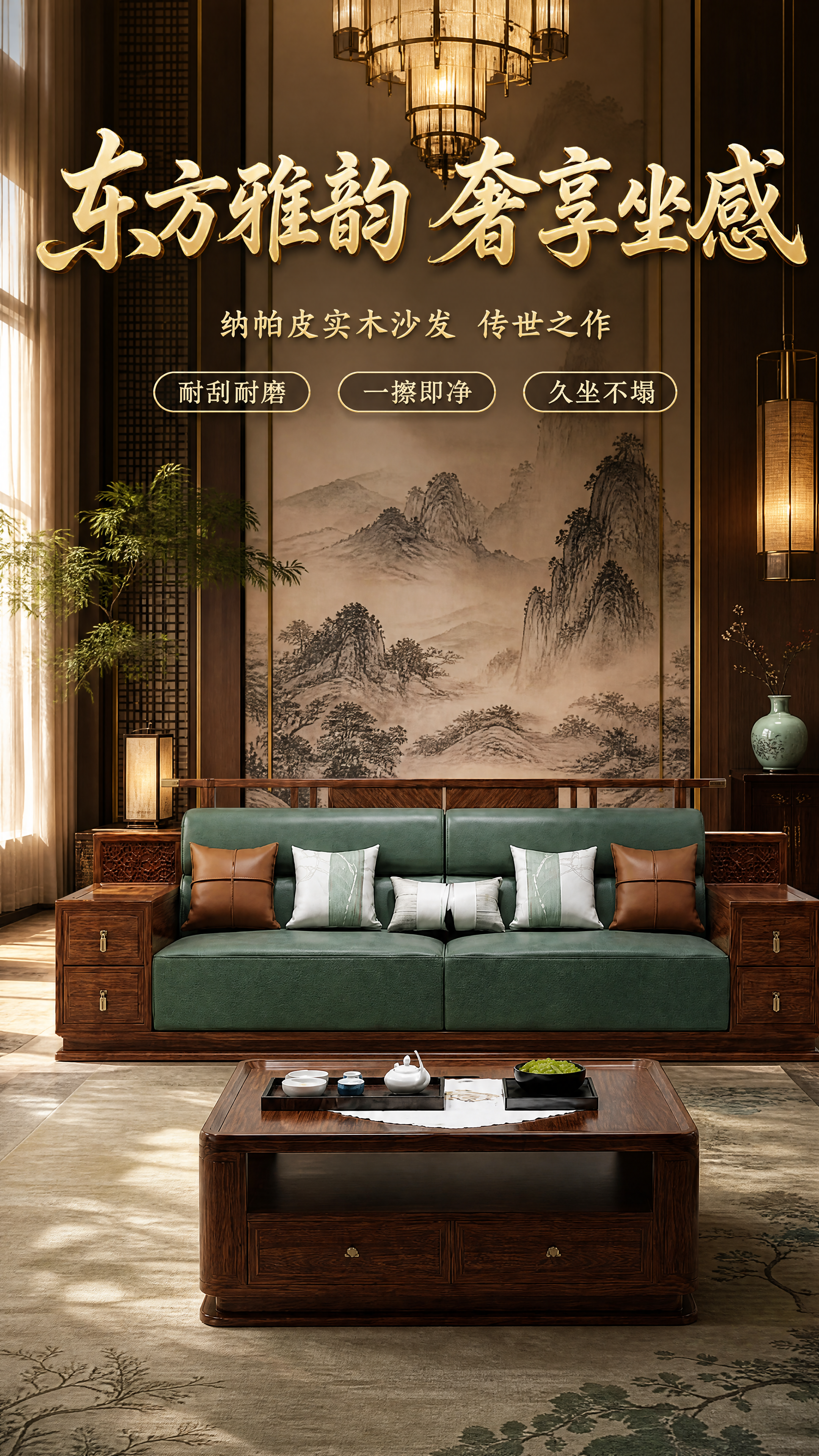 [第1张] 详情页头图-新中式纳帕皮实木四人位沙发奢华客厅主视… - 图片创意预览