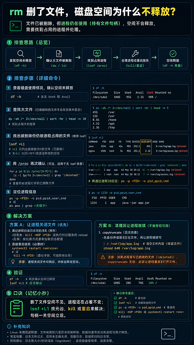 ## 6.rm 删了文件，磁盘空间为什么不释放？
线上磁盘告警，你查到 `/data/server/wg/` 下有个 20G 的 `nohup.out`，二话不说 `rm -f nohup.out`，但 `df -h` 一看——磁盘使用率纹丝不动。
**问题出在哪？怎么排查？怎么解决？**
#### 6.1 根因
Linux 删除文件只是删了**目录的引用（硬链接）**。只要还有**进程持有该文件的文件描述符（fd）**，文件数据就还在磁盘上，内核不会真正回收。
#### 6.2 排查三板斧
```bash
# 1. 看哪个进程还占着文件（文件已被删除但 fd 没关）
lsof | grep deleted
# 输出示例：
java  3428058 3428754 http-nio- worker    2w      REG             253,16 1812247564  268667931 /data/server/wg/nohup.out (deleted)
# 2. 只看大小超过 100MB 的已删除文件
lsof | grep deleted | awk '{if($7>104857600) print $0}'
# 3. 确认进程还在写日志
ls -l /proc/3428058/fd/5
lr-x------ 1 worker worker 64 Jun  8 16:51 /proc/3428058/fd/5 -> /data/server/wg/udp6-api-6.9.1-SNAPSHOT.jar
```
#### 6.3 解决方案（二选一）
```bash
# 方案一：重启进程（不优雅，但最常用）
./restart.sh
# 方案二：直接清空 fd，空间立即释放，进程不中断（优雅）
echo '' > /proc/3428058/fd/5           # 清空
truncate -s 0 /proc/3428058/fd/5        # 或 truncate
```
#### 6.4 日常预防
```bash
# 清日志不要 rm，用重定向（不会产生 deleted 文件）
> nohup.out
# 或
cat /dev/null > nohup.out
```
**口诀：**rm 删的是路径，进程不放手空间不归还；lsof 查 deleted，truncate 清 fd。
根据上面的内容你可以适当优化下，生成图片