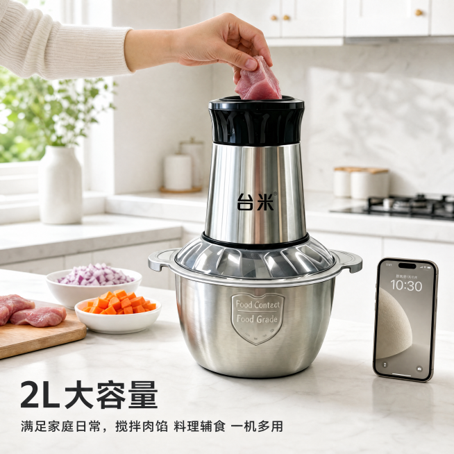 [主图-4] 不锈钢绞肉机容量展示。保持产品外观（即物理结构、材质质感、颜色）与输入产品图绝对一致，杜绝任何变形和色差，精细化处理。[氛围风格] 欧式简约厨房生活化场景。[画质] 商业摄影质感、光线柔预览效果