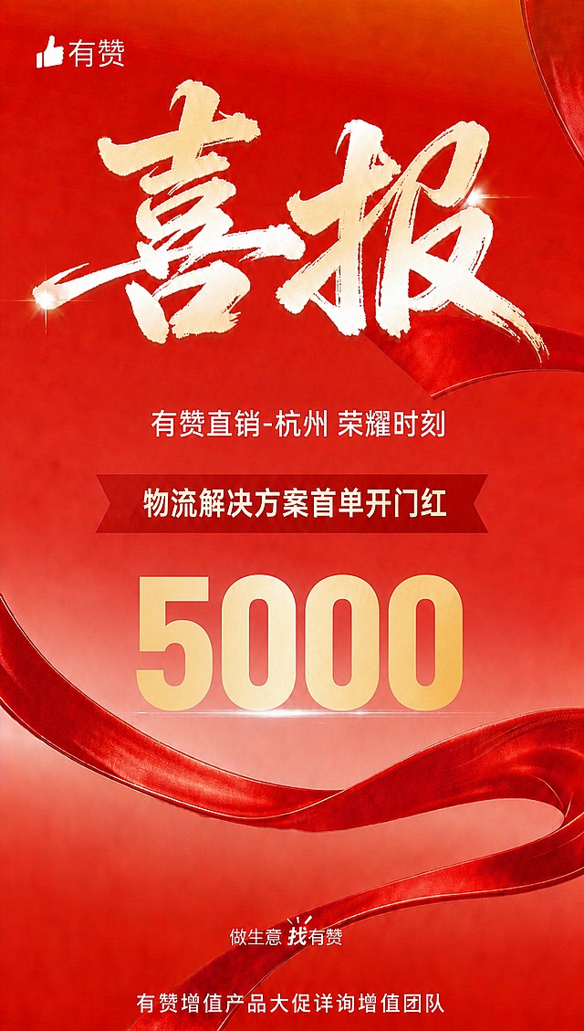 基于这张喜报海报进行修改，保持整体红色喜庆风格、金色书法“喜报”大字、红丝带元素和整体布局不变，做以下修改：1. 第二行文字改为“有赞直销-杭州 荣耀时刻”，字体字号统一为白色常规小字体；2. 第三行红色横幅内的文字改为“物流解决方案首单开门红”；3. 第四行大数字“200000”改为“5000”，保持金色大字样式；4. 第二行、第三行、第四行所有内容均与上方“喜报”二字垂直居中对齐。其余所有元素、颜色、排版均保持原样不变。