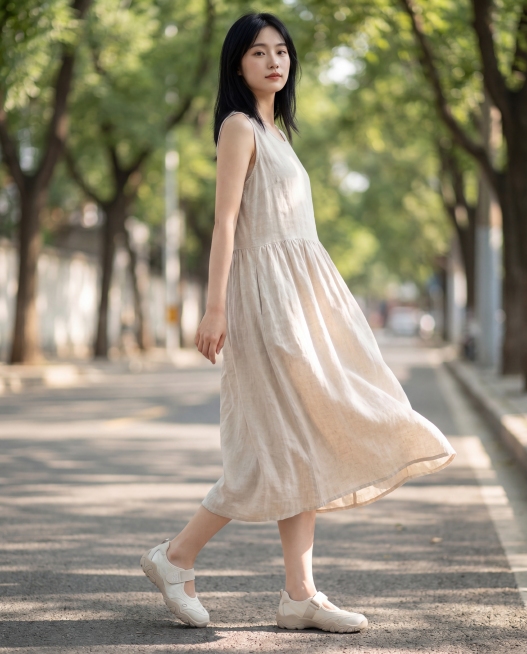 这双米白色浅口魔术贴休闲女鞋，保持产品外观、颜色和物理结构绝对不变，品牌文字和刺绣标志原样保留，严禁扭曲变形。生成夏季韩系东亚年轻女模特全身试穿图，模特松弛行走在林荫街边，抓拍自然动态感，模特为黑发白预览效果