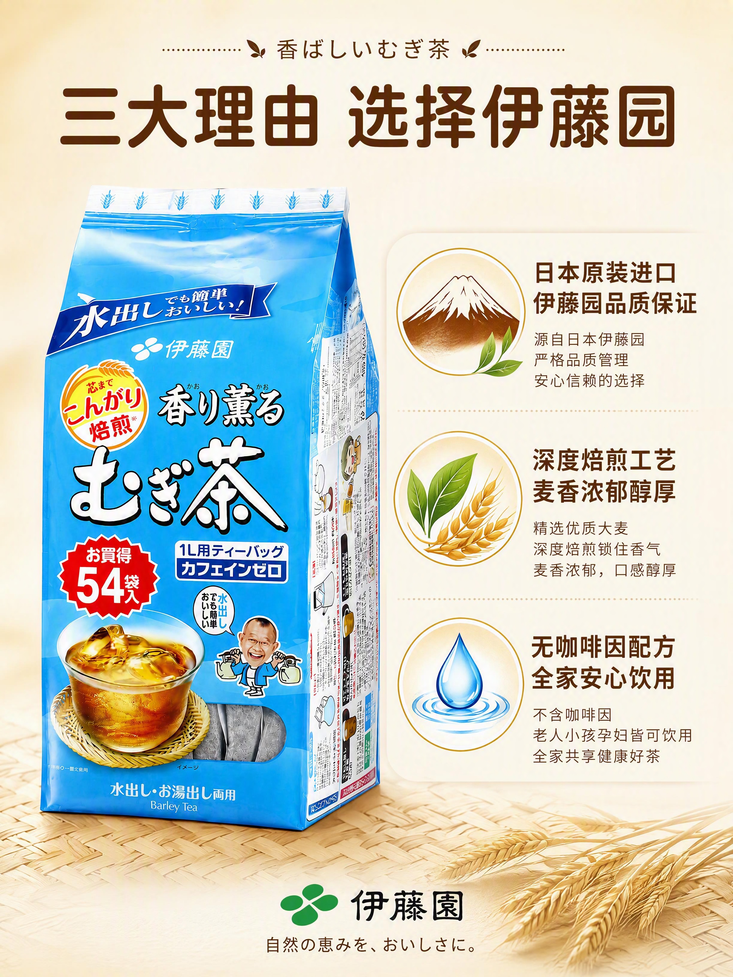 [第2张] 详情页核心卖点页-伊藤园大麦茶三大核心理由。本张使… - 图片创意预览