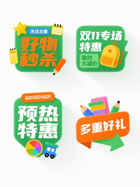 2D平面设计风格的电商促销标签海报，白色背景上四个规整排布的促销标签，每个标签为单一纯色背景且元素排布整齐，整体色彩明快活泼，以橙色和绿色为主色调，采用平滑的数字艺术质感，光影简洁柔和无明显阴影，构图为上下两排对称分布。左上角标签为绿色背景配橙色文字“好物秒杀”，顶部有黄色五角星和蓝色“关注主播”字样，右侧装饰有黄色日历和橙色铅笔图标；右上角标签为绿色背景配白色文字“双11专场特惠”，右侧有黄……预览效果
