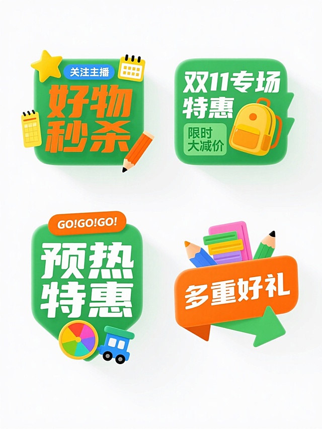 2D平面设计风格的电商促销标签海报，白色背景上四个规整排布的促销标签，每个标签为单一纯色背景且元素排布整齐，整体色彩明快活泼，以橙色和绿色为主色调，采用平滑的数字艺术质感，光影简洁柔和无明显阴影，构图为上下两排对称分布。左上角标签为绿色背景配橙色文字“好物秒杀”，顶部有黄色五角星和蓝色“关注主播”字样，右侧装饰有黄色日历和橙色铅笔图标；右上角标签为绿色背景配白色文字“双11专场特惠”，右侧有黄色书包和绿色“限时大减价”标签；左下角标签为绿色背景配白色文字“预热特惠”，底部有彩色调色盘和蓝色小火车图案，文字上方有橙色“GO!GO!GO!”字样；右下角标签为橙色背景配白色文字“多重好礼”，呈箭头形状，右侧有绿色箭头装饰，顶部有彩色书本和铅笔图案。所有标签边缘均有轻微圆角处理，文字采用无衬线粗体，字号醒目突出，整体设计具有强烈的电商促销氛围和清晰的信息传达效率。