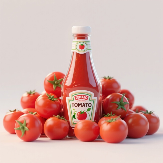中间有一瓶大大的番茄酱，周围有许多番茄堆放预览效果