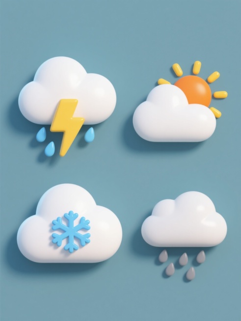 3D立体风格天气图标系列，纯色背景，保持圆润光滑的物体边缘、柔和的高光与阴影、简洁明快的配色方案，四个完全不同的天气元素规整排布：上方左侧为带有黄色闪电和蓝色雨滴的白色积雨云，上方右侧为带有橙色太阳和黄色光芒的白色晴云，下方左侧为带有蓝色雪花的白色云层，下方右侧为带有灰色雨滴的白色乌云，整体呈现统一的卡通化3D质感与简洁设计风格。预览效果