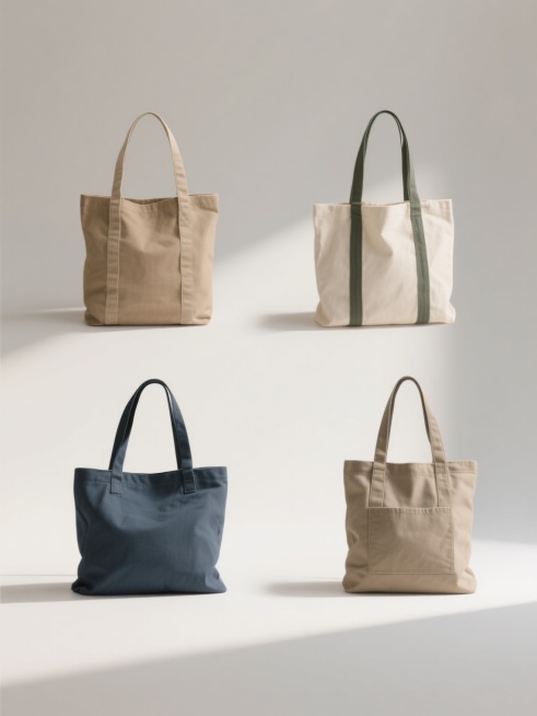 一组4个不同配色、不同样式、不同材质的帆布包元素，采用干净极简风格，每个帆布包独立展示于简洁背景上，保持现实逻辑的光影效果与材质质感，适合作为素材使用，色彩搭配协调，样式设计各有特色，材质细节清晰可辨，整体构图平衡，信息传达直接高效。预览效果