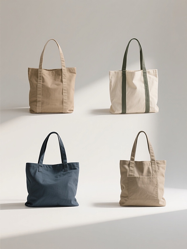 一组4个不同配色、不同样式、不同材质的帆布包元素，采用干净极简风格，每个帆布包独立展示于简洁背景上，保持现实逻辑的光影效果与材质质感，适合作为素材使用，色彩搭配协调，样式设计各有特色，材质细节清晰可辨，整体构图平衡，信息传达直接高效。