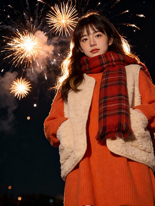 梦幻烟花映衬下，暖色系毛衣与格纹围巾交织温馨浪漫，毛发生长风与面料质感细腻呈现，光影流动间尽显节日实景氛围。