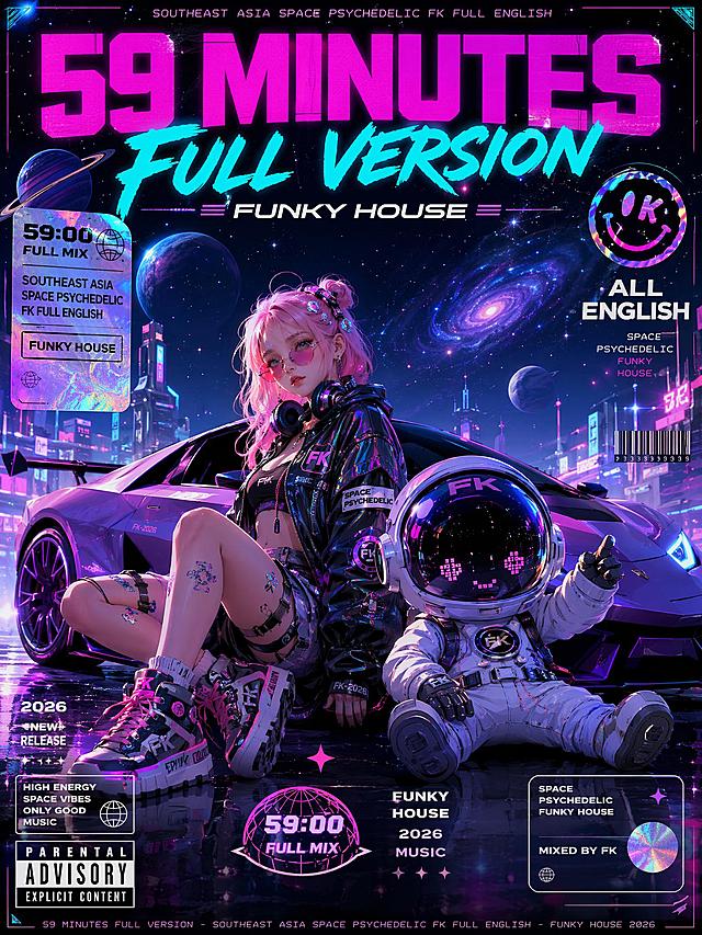 2026最新电子音乐专辑封面，标题"59分钟完整版-东南亚太空迷幻FK全英文"，迷幻风格，Funky House电子音乐主题，原创独特太空人元素，活力未来科技氛围，可爱女生搭配跑车，赛博霓虹设计风格