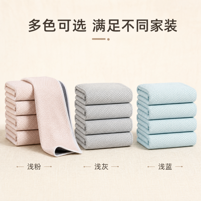 [主图-5] 双面鱼鳞抹布多色SKU展示图，家居治愈风。保持抹布产品纹理和质感与输入一致，整齐展示浅粉、浅灰、浅蓝三种不同颜色的抹布堆叠排列，突出产品多色可选的特点。背景为干净的浅米色布艺桌面，简洁突预览效果
