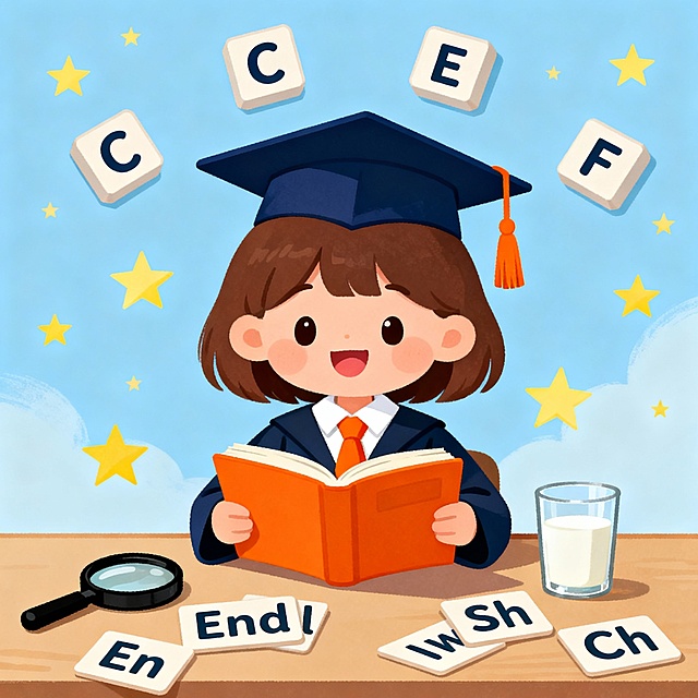 主体：可爱的棕色短发小女孩，戴着深蓝色学士帽（带橙色流苏）、穿学士服 + 白衬衫 + 橙色领带，表情开心地坐在桌前阅读
桌面物品：摊开的橙色书本、字母卡片（印有 En/Endl/Sh/Ch）、黑色放大镜、一杯装满牛奶的透明玻璃杯
背景：浅蓝色天空底色，点缀闪烁的黄色星星，空中悬浮着字母方块（C/E/F）
氛围：明亮活泼的学习 / 毕业主题，色调清新柔和，画面细节丰富、充满童趣